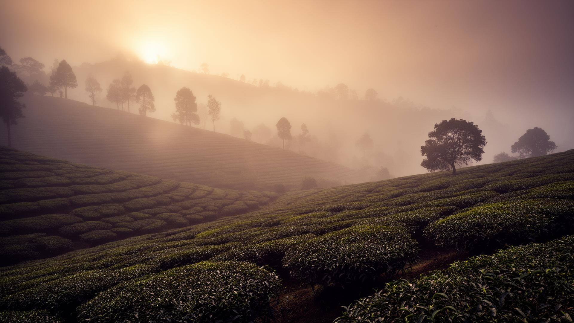 Mist drifting over Darjeeling tea gardens at dawn