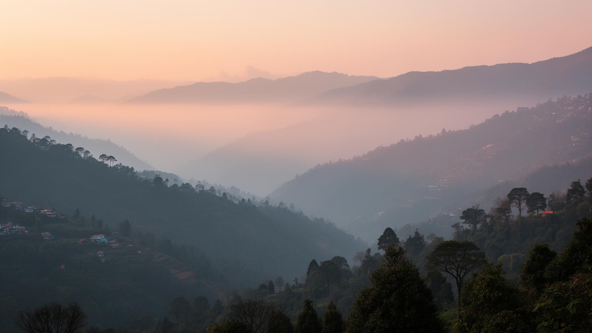 Misty Himalayan valleys above Darjeeling at sunrise